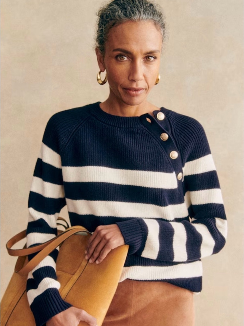 Sézane Gary Striped Navy and White Button-Shoulder Sweater